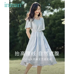 INMAN Women Dress 2023 Spring Puff Sleeve Square Neck A-shaped Loose Jacquard Texture Lace up Waistband French Style Long Skirt