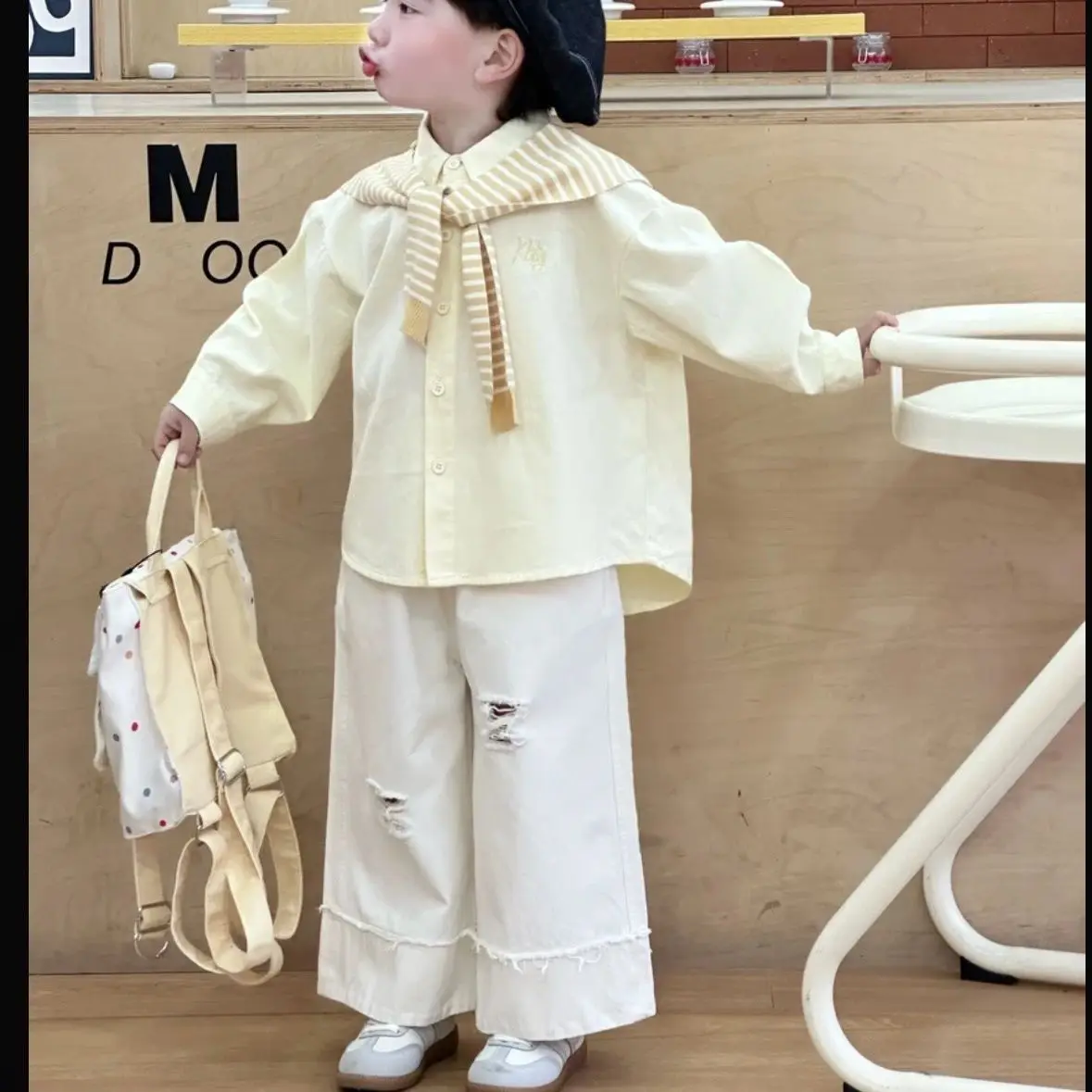 2026 Dopamine Set Spring Childrens Boys Baby Shawl Shirt with Ripped Cotton Wide Leg Pants