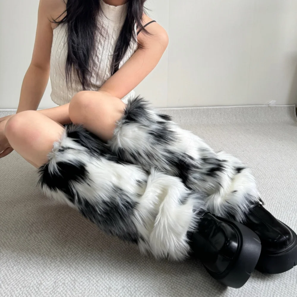 

Gothic Faux Fur Leopard Leg Warmers Subculture Thickened Y2K Long Tube Stockings Japanese Style Sweet Plush Boots Cover Lolita
