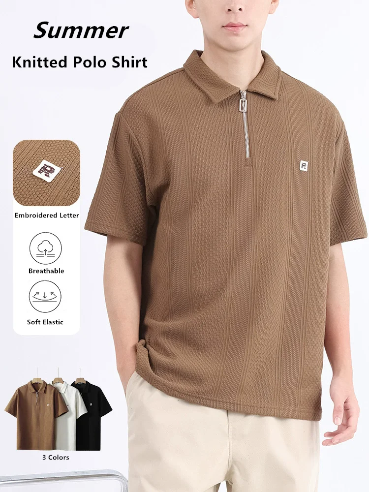 Embroidery Loose Fit Knitted Polo Shirts For Men Short Sleeved Summer Quality Soft Comfortable Zipper Stretchy Camisas De Hombre