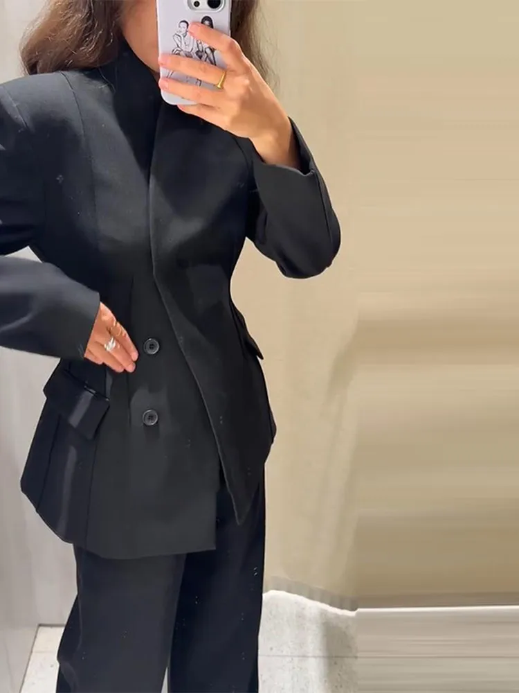 Ležérní sako s stojáčkem, dámský oblek, plný rukáv, knoflíky, pas, bundy s vysokým pasem, kalhoty na zip, volné kalhoty, obleky 2025 - náhled 3