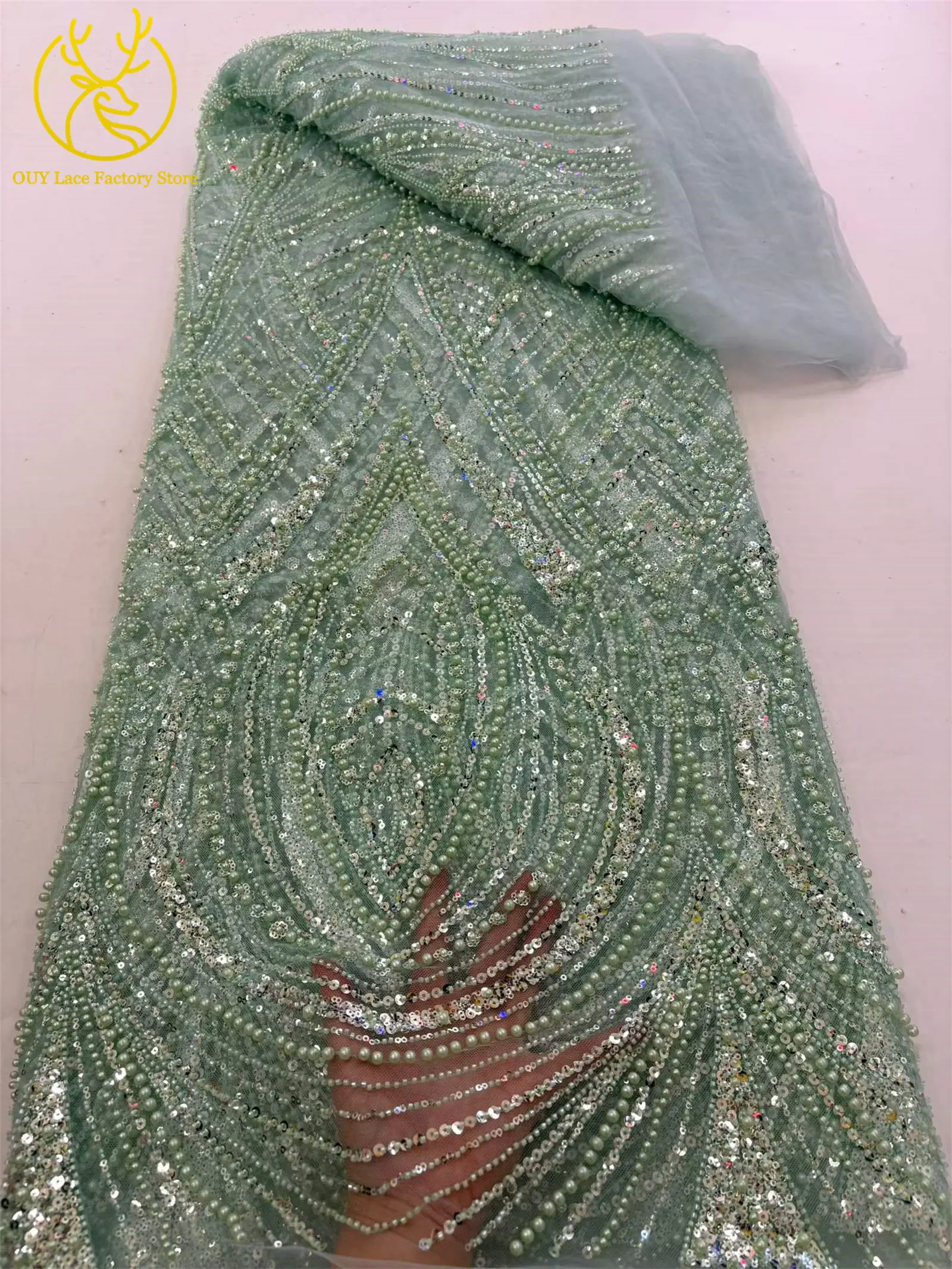 Afrikanischer Perlenstickerei-Spitzenstoff, 5 Yards, hochwertiger, eleganter Pailletten-Spitzenstoff, grün, nigerianisch, für Hochzeits- und Abendkleider – Detail 14