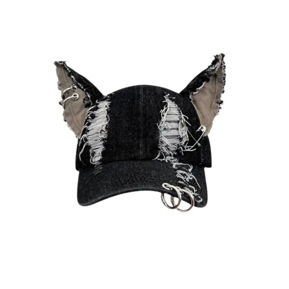 Immagine 6: Accessori di abbigliamento Berretto da baseball in denim strappato di coniglio Catene di cotone Y2K Cappello con orecchie Doberman Cucciolo retrò Orecchie da coniglio Berretto snapback da uomo