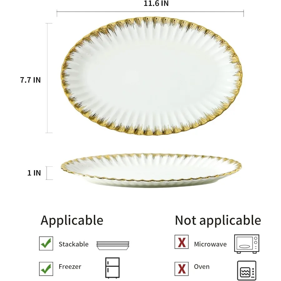 أطباق تقديم بيضاوية من السيراميك مقاس 12 بوصة من البورسلين الأبيض مع حواف ذهبية للحفلات المسلية مثالية لخدمة سان