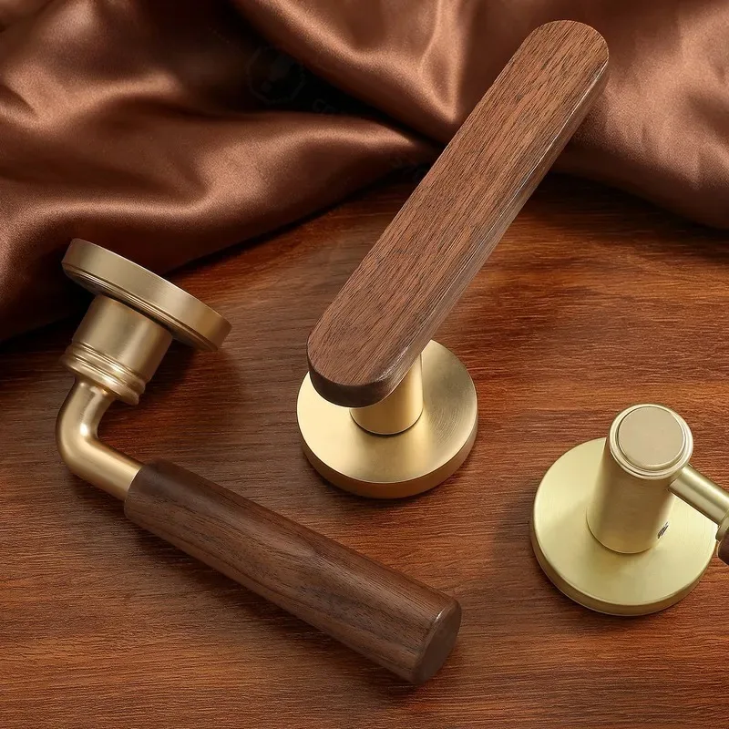 Vintage Brushed Copper Walnut Door Handle French Indoor Bedroom Magnetic Silent Split Room Door Lock