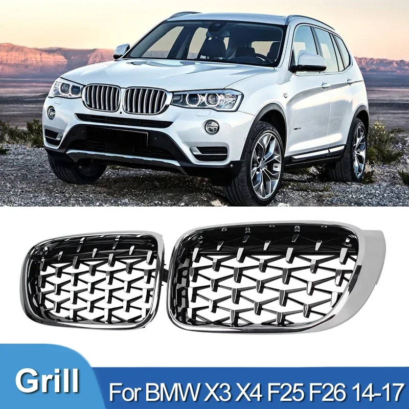 

Pulleco Diamond Car Front Bumper Grille Racing Grills Kidney Grilles Grill For BMW X3 X4 F25 F26 2014-2017 Silver Accessories