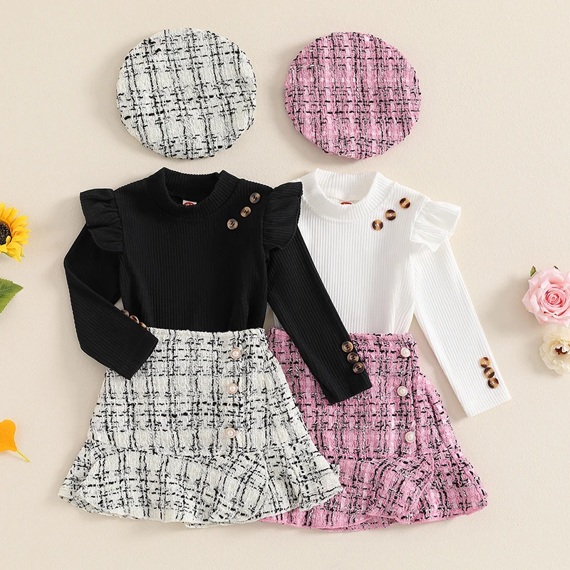 Toddler Kids Baby Girls Outfit Long Sleeve Knit Ruffle High Neck Sweater T-shirt Plaid Skirt Suit with Hat 3Pcs Clothes Sets