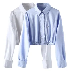 PB&ZA 2024 Spring New Women's Fashion and Versatile Short Solid Color Waist Design Single breasted Shirt