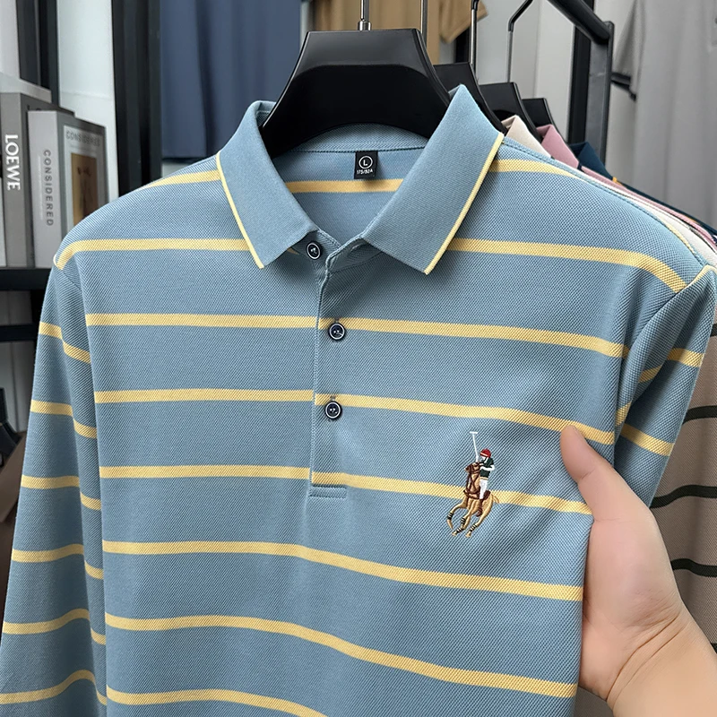 Striped Polo Shirt Men's Long Sleeved 2026 Spring and Autumn New Item Business Casual Dad Outfit Lapel Cotton T-shirt Thin Top