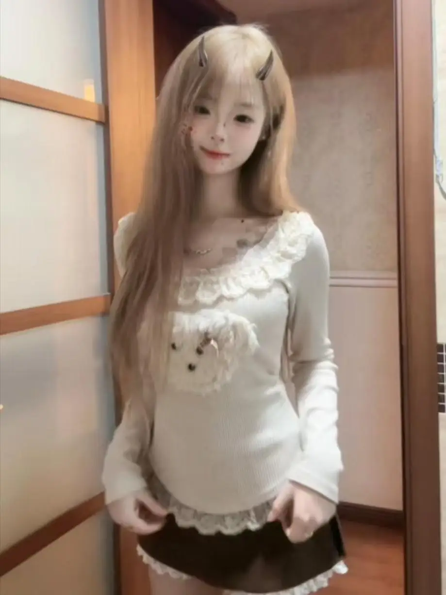 Sweet Sle ニットドッグプリントレーススプライスレディース T-irt 秋冬ソフト Sle 超美しいトップ韓国版スリムフィット