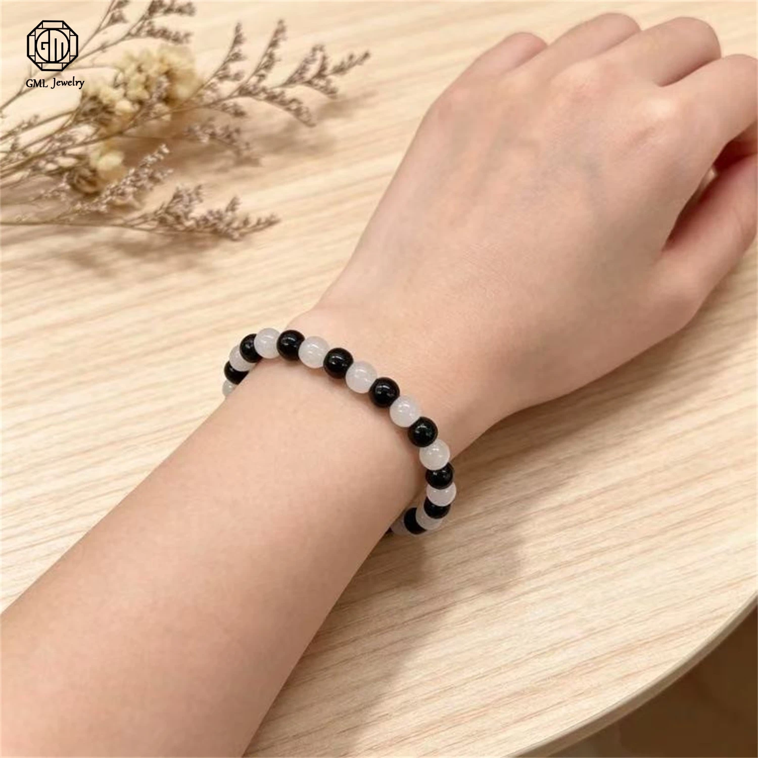 Natural Black Obsidian White Jade Beaded Bracelet Unisex Men Women High End Gemstone Retro Daily Ethnic Style Jewelry Gift