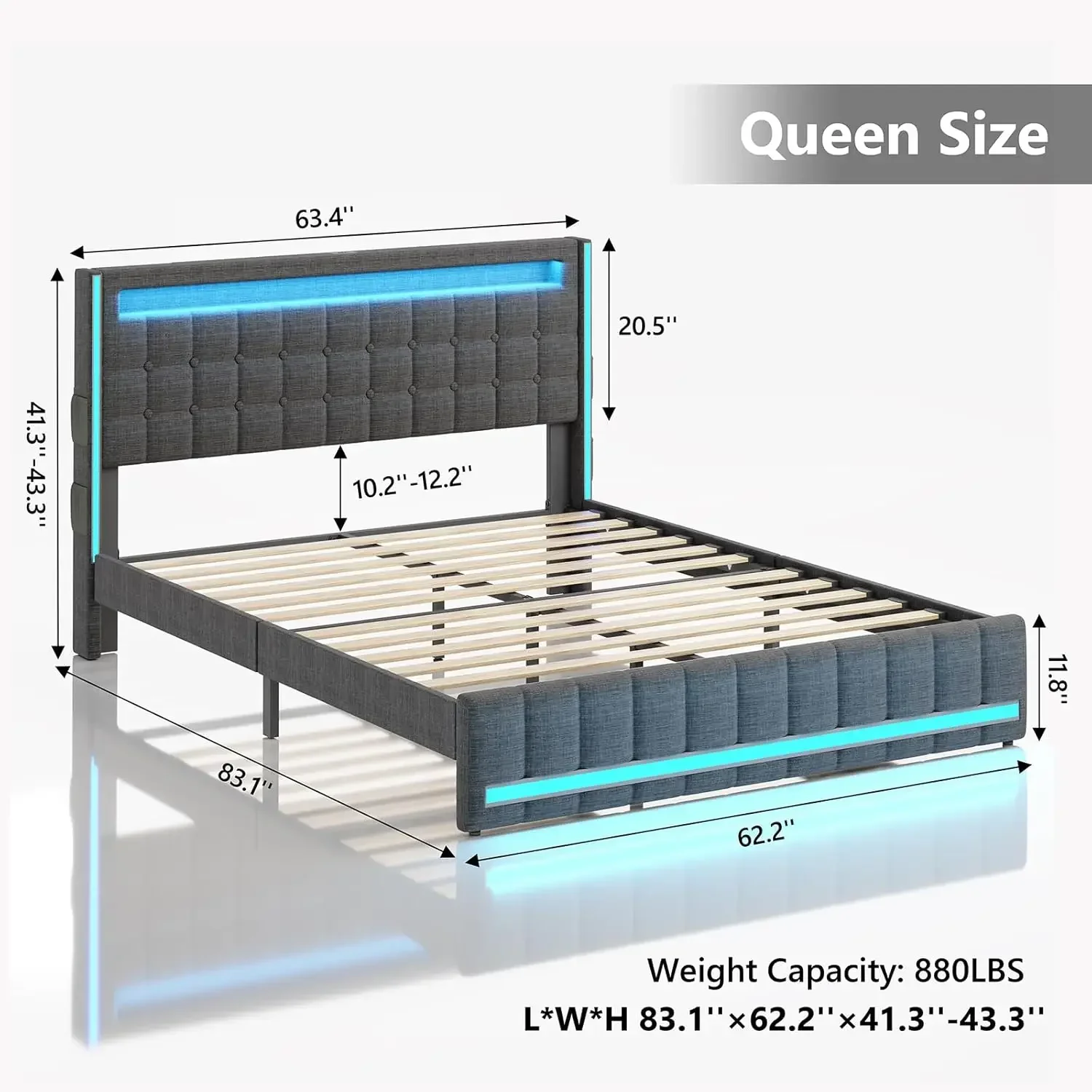 Queen Bed Frame with LED Lights and Charging Station, Upholstered Platform Queen Size Bed Frame with Headboard