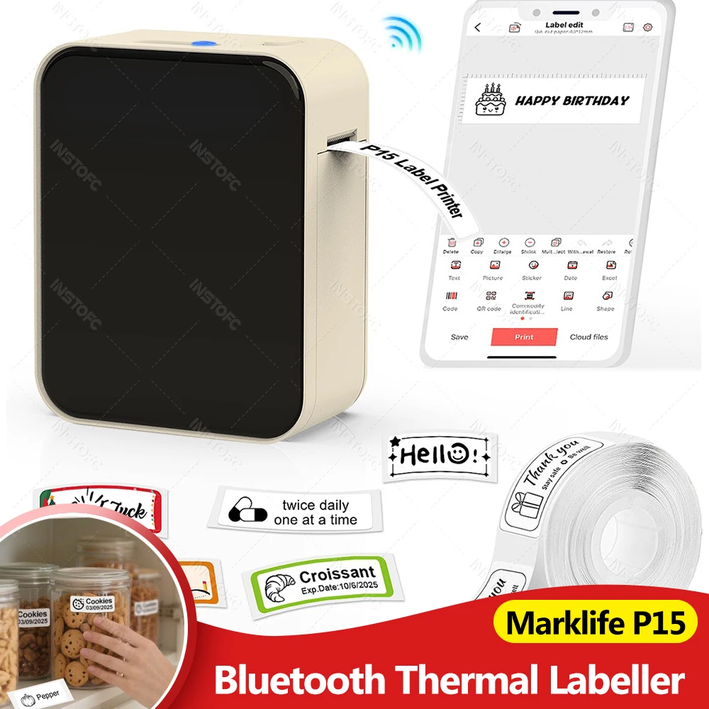Marklife P15 Thermal Label Printer Mini Handheld Bluetooth Labeling Machine With Adhesive Label For Price Tags No-ink Printing
