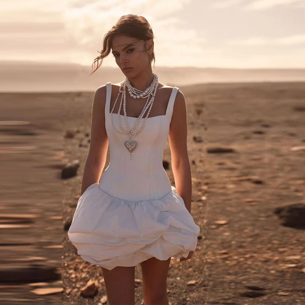 Mini robe de mariée blanche personnalisée pour femmes, col carré, en Satin, robe de soirée courte, robes de bal de mariage, 2025