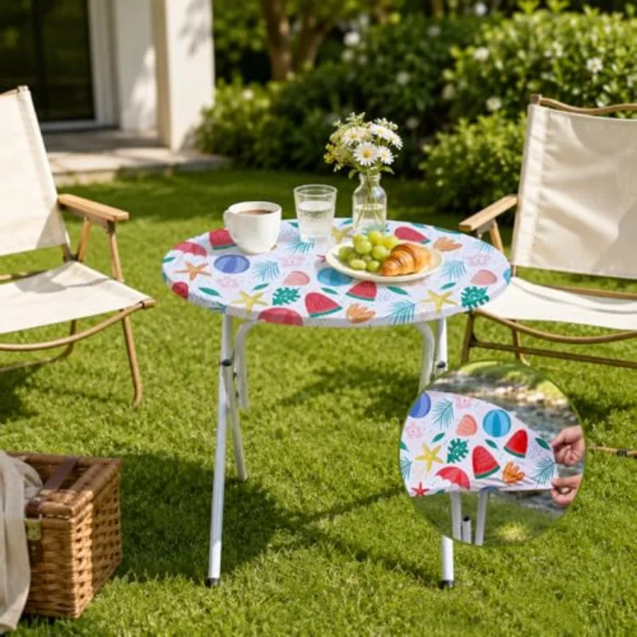 Summer Outdoor Dining Round Tablecloth 24 Inch - Beach Watermelon and Seashell Elastic Fitted Cover Non Slip Wrinkle Free for P