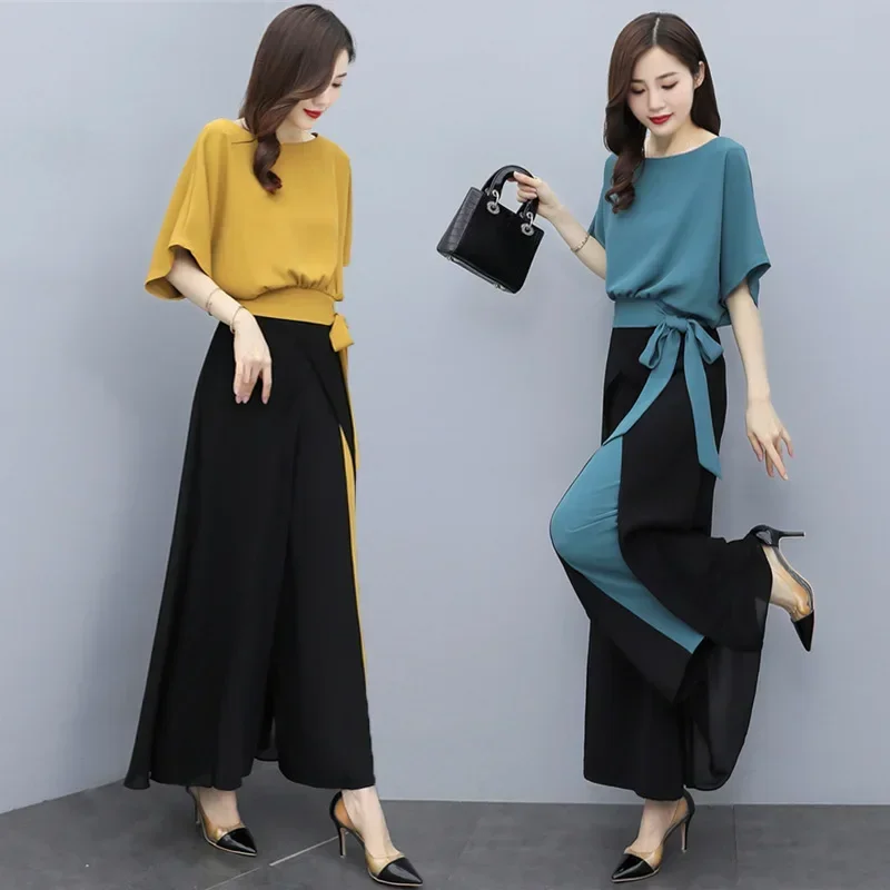 

Women's Chiffon Dress 2024 Summer New Women's Pants Solid Bat Sleeve O-Neck Wide Leg Top & Pants Patchwork 2 Piece Costume LU102