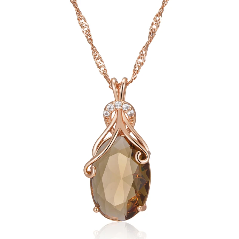 Kinel Hot Big Oval Light Brown Natural Zircon Pendant Necklace for Women Fashion 585 Rose Gold Color High Quality Daily Jewelry