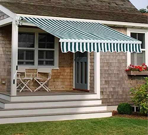 

8'x7' Patio Awning Retractable Fully Assembled, Manual Commercial Grade (Green/White Stripes)