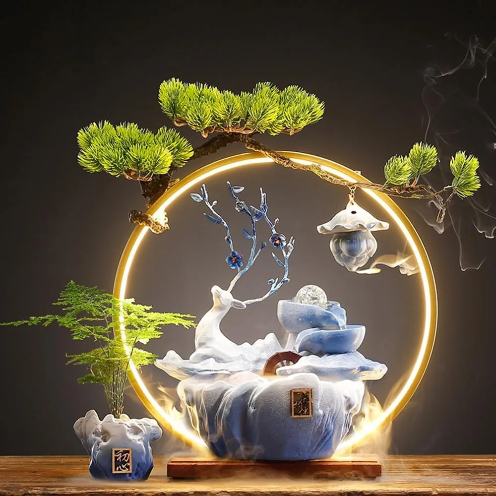 

Tabletop Water Fountain with LED Light Mist, Home Decor Includes Backflow Incense, Japanese Water Fountains for Meditation