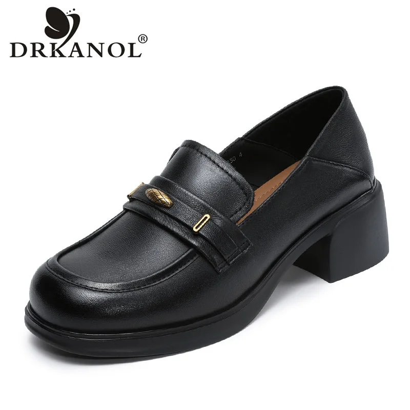 

Женские лоферы DRKANOL на толстом каблуке, весна 2026, повседневные туфли без застежек из натуральной овечьей кожи с металлическим декором, модель H269075Z