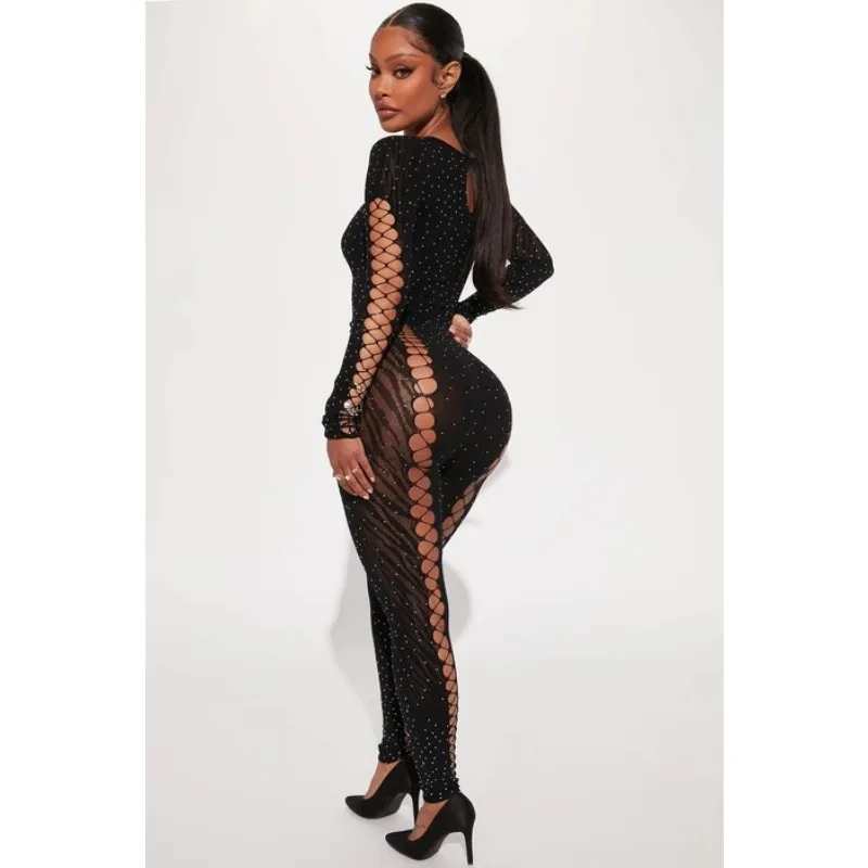 Sexy Mesh Women Skinny Jumpsuits Hollow Out Long Sleeve Solid Rompers 2024 Summer Outfits Night Club Party One Piece Overalls
