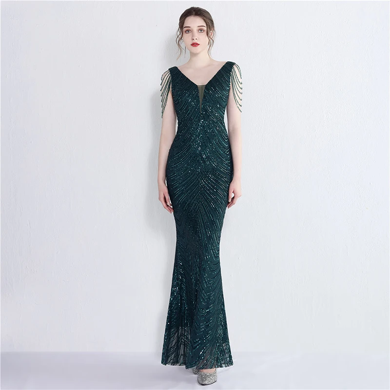 DEERVEADO Mermaid V Neck Sequins Luxury Evening Dresses with Beads Women\'s Elegant Formal Occasion Dress Prom Party Maxi Dress