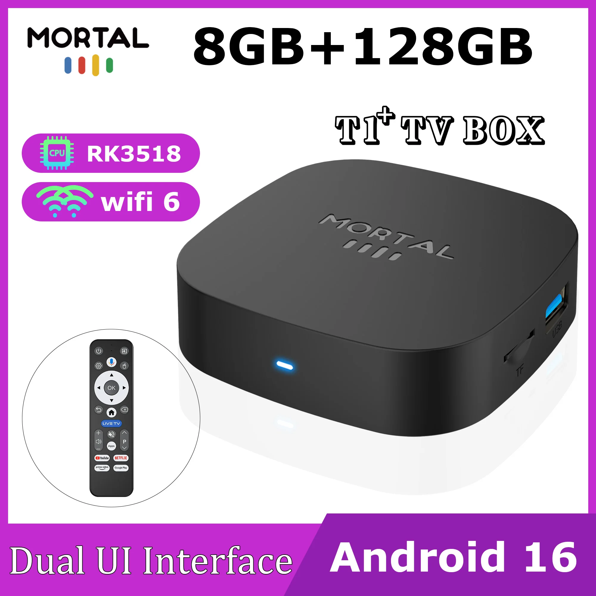 2026 nuevo Smart TV Box T1 + RK3518 Android 16 WiFi 6 BT 5,4 interfaz de doble UI 8K Ultra HD 8GB RAM 128GB ROM reproductor multimedia inteligente