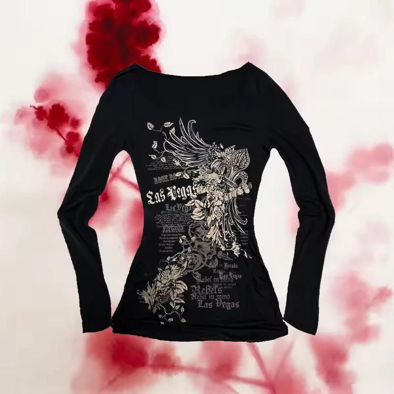 Spring and winter new European and American style women's long sleeved top slim and fashionable new printed daily Y2K style top