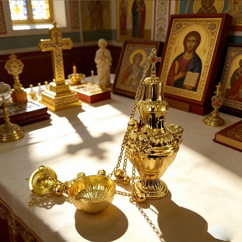 Gold Plated Orthodox Hanging Censer Set with Angel Embossed Carvings and Bells for Church Liturgy Incense Burning Devotion Gift