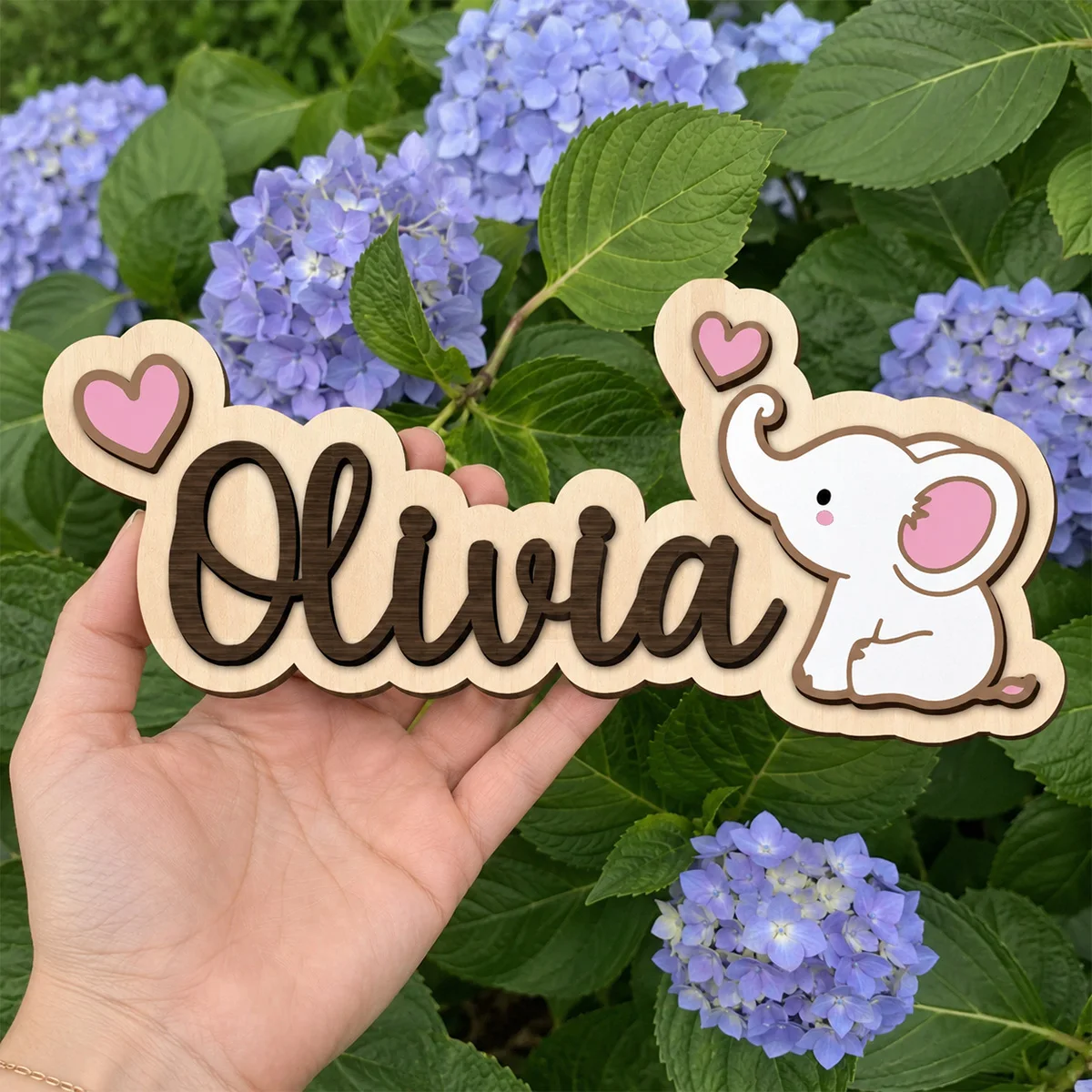 1pc personalized double-layer wooden surname brand, customizable name, warm elephant pattern, decoration, holiday gift