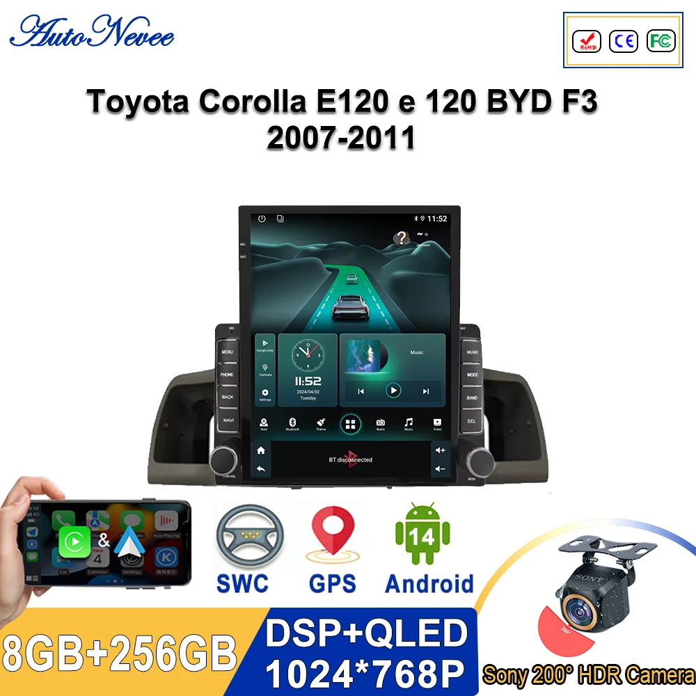 9,7-дюймовый Android 14 для Toyota Corolla E120 e 120 BYD F3 2007-2011 Автомобильный DVD-радио Carplay Автомультимедийный плеер GPS-навигация