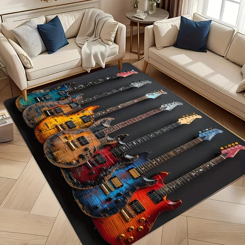 VIKAMA Vintage Electric Guitar Rug Rock Music Themed Non-Slip Washable Mat for Music Studio, Bedroom, Man Cave Decor