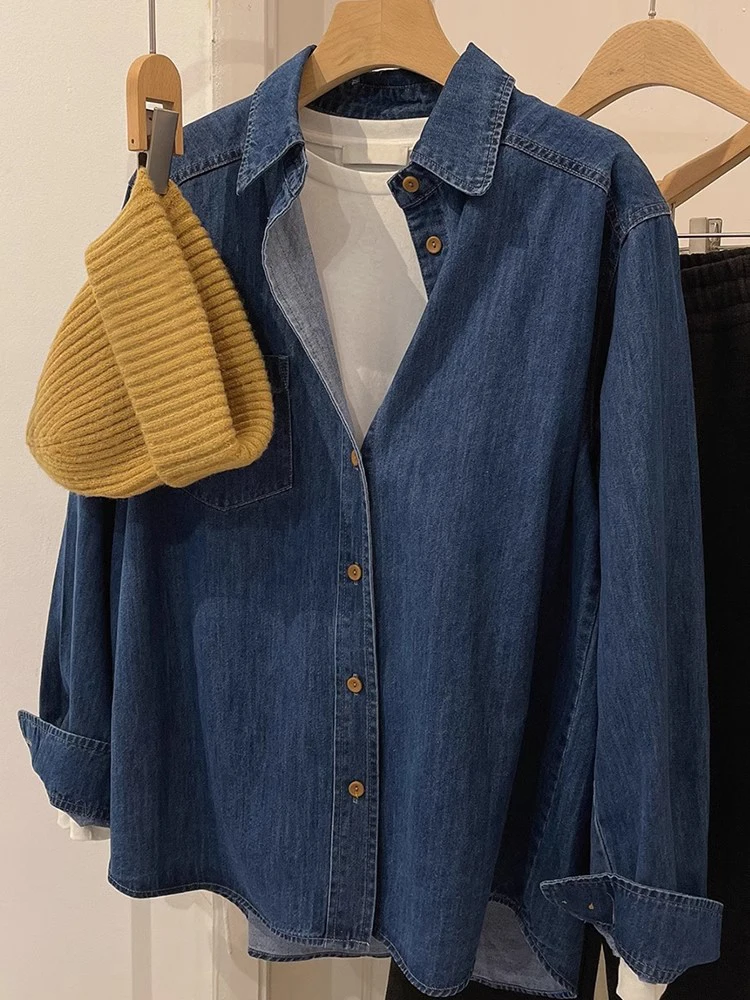 

Blue Retro Denim Shirt Women's Spring Autumn Shoulder Level Top Small Size Layering Inner Wear Base Shirt Coat Winter