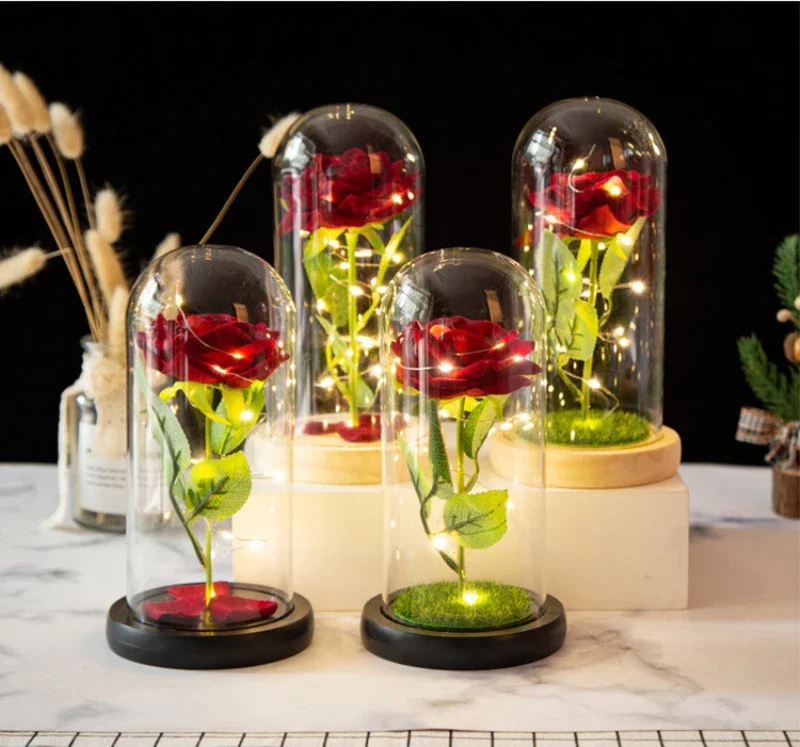 LED Beauty And The Beast Preserved Roses In Glass Galaxy Rose Flower Light Artificial Flowers Christmas Valentine Flowers Gift