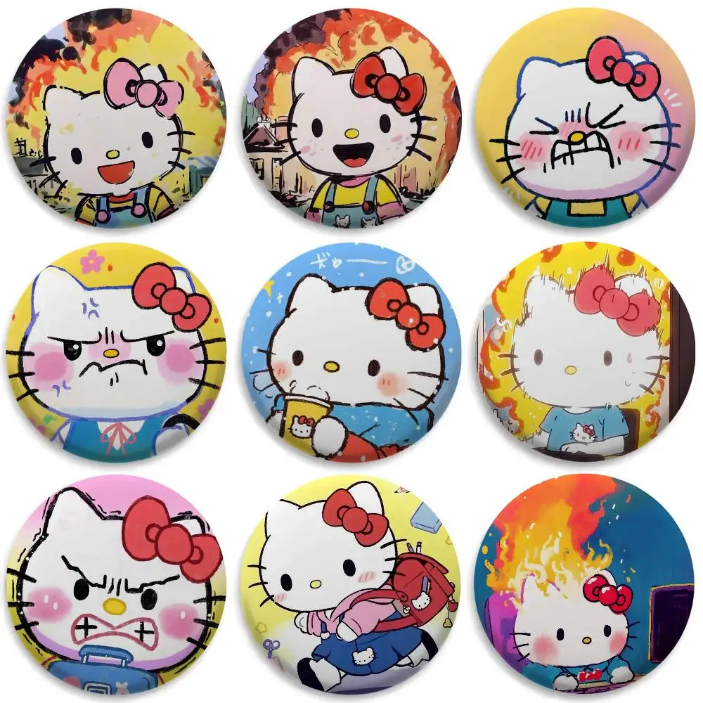 

Spoof Hello Kitty Funny Cute Badges Round Exquisite Badge Brooches Creative Pins For Clothes Hat Backpack Gift Accessories