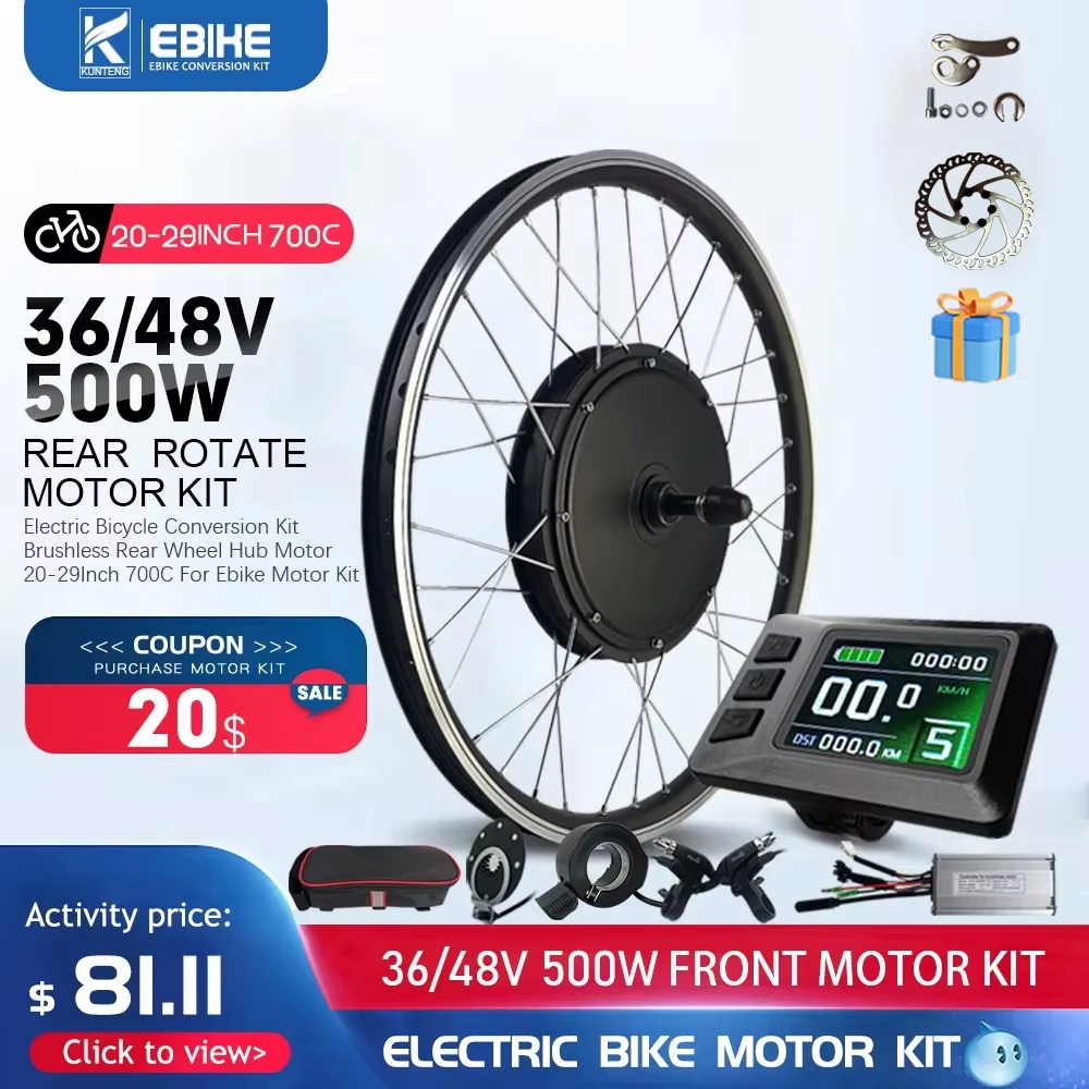 

Ebike Conversion Kit 500W Electric Bike Motor 36V/48V BLDC Brushless Gearless Motor ebike kit With KT Display and KT Controller