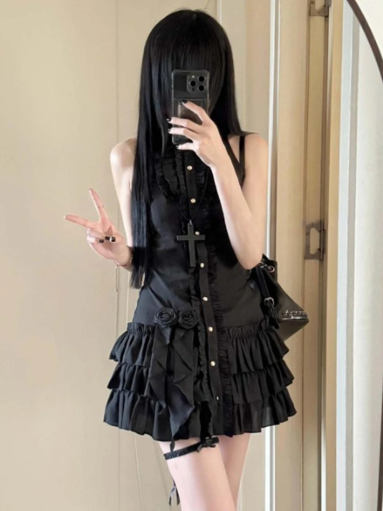 Robe Mino Vintage sans manches pour femmes, taille noire japonaise, Slim, à volants irréguliers, Design Floral, tenues Y2k, nouvelle collection été 2025