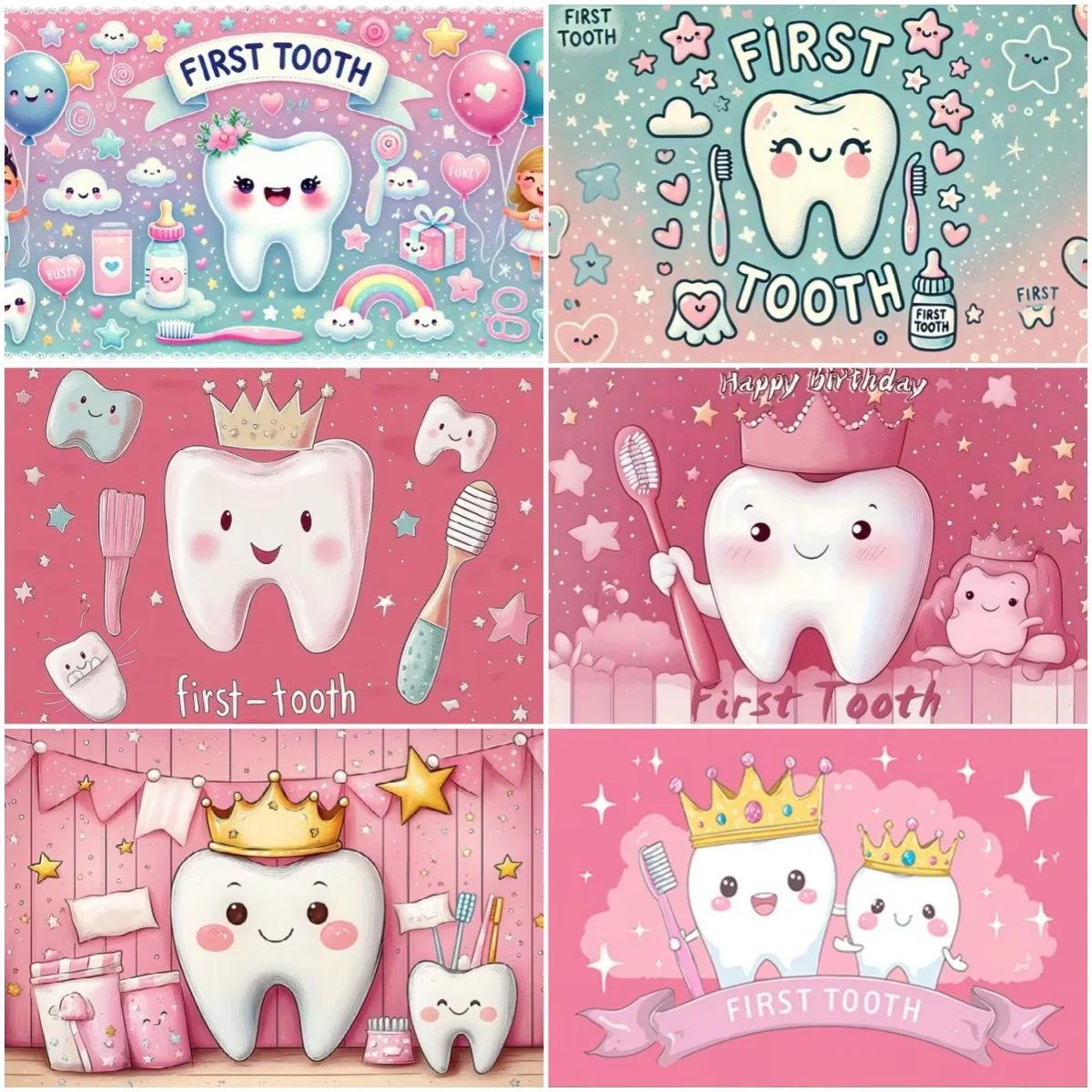 

Cartoon Pink My First Tooth Background Baby Enlightenment Party Decoration Banner Girl First Tooth Portrait Photo Backdrop Gifts