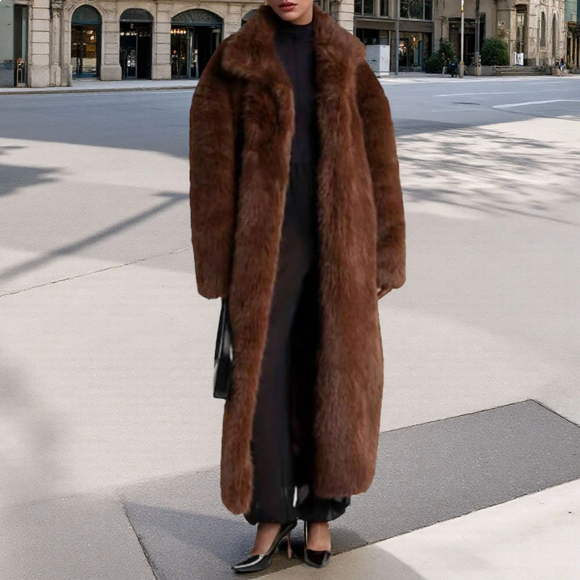 Cross border trade high quality plus size faux fur long coat women eco-friendly plush vintage winter lapel overcoat