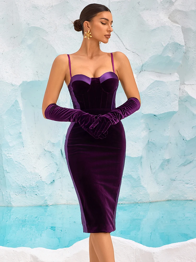 VC グラマラス サテン トリム ベルベット ノースリーブ ミディ ドレス スパゲッティ ストラップ イブニング ドレス