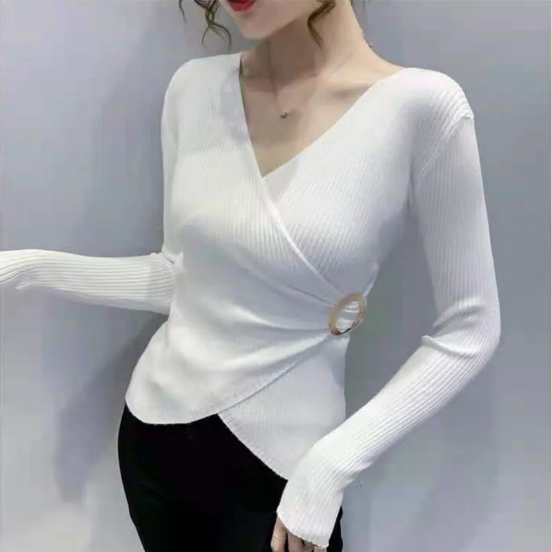 Women Clothing Fashion Chic V-Neck Knitted Top Spring Autumn Crossover Design Knitwear Lady Commute Simplicity Cozy Pullover