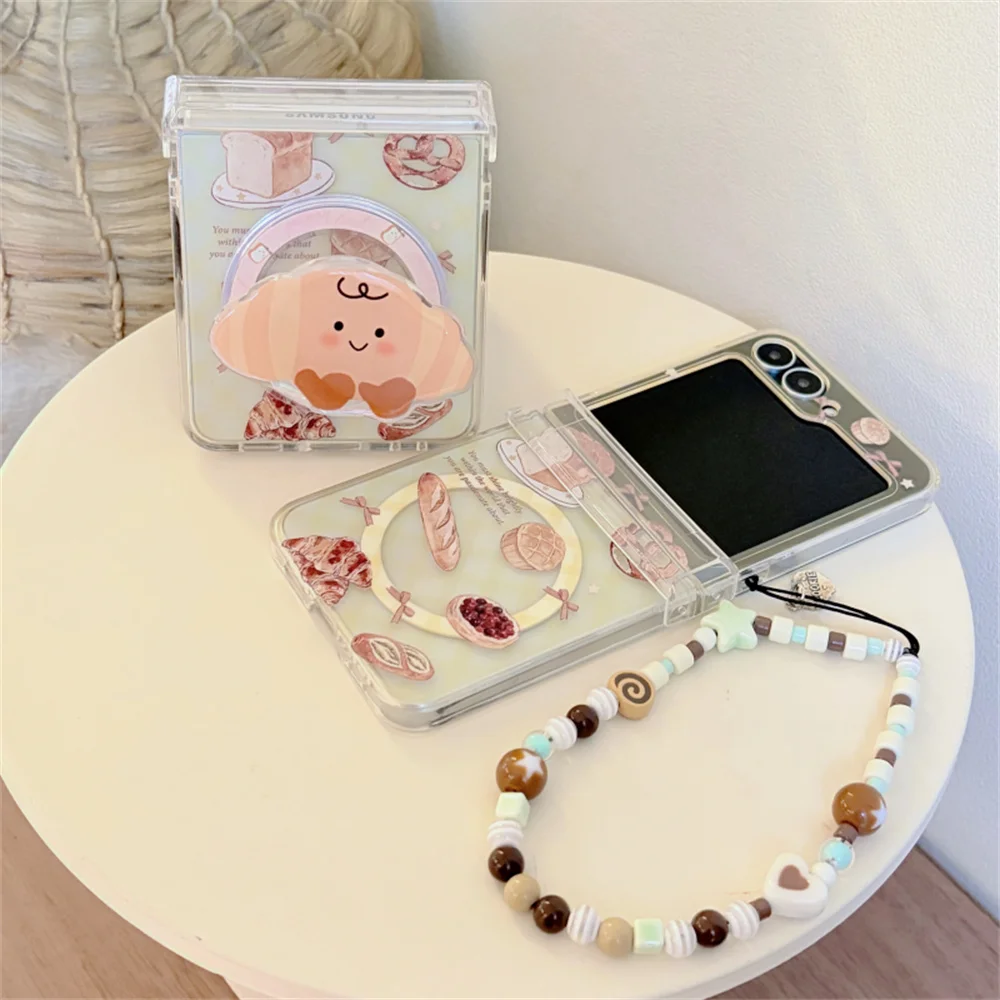 Cute Croissant Bread Magnetic Stand Phone Case For Samsung Galaxy Z Flip 8 7 6 5 Clear Hard Cover Bakery With Beaded Wrist Strap