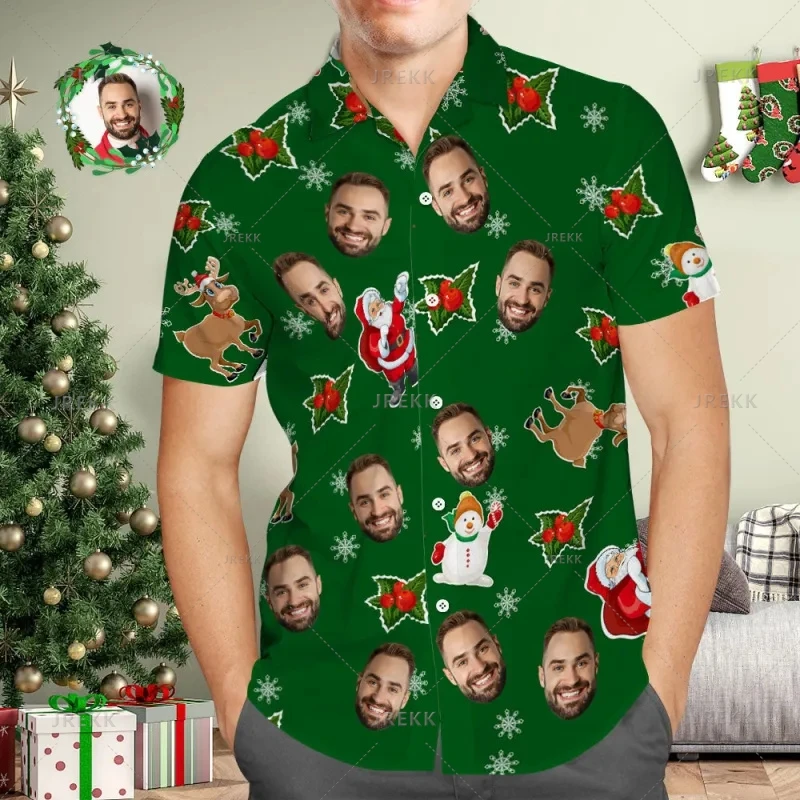 Small Size Men's Fashion 3D Custom Faces Santa Xmas Print Shirts Happy Christmas Graphic Shirts & Blouses Kid Funny Short Shirts