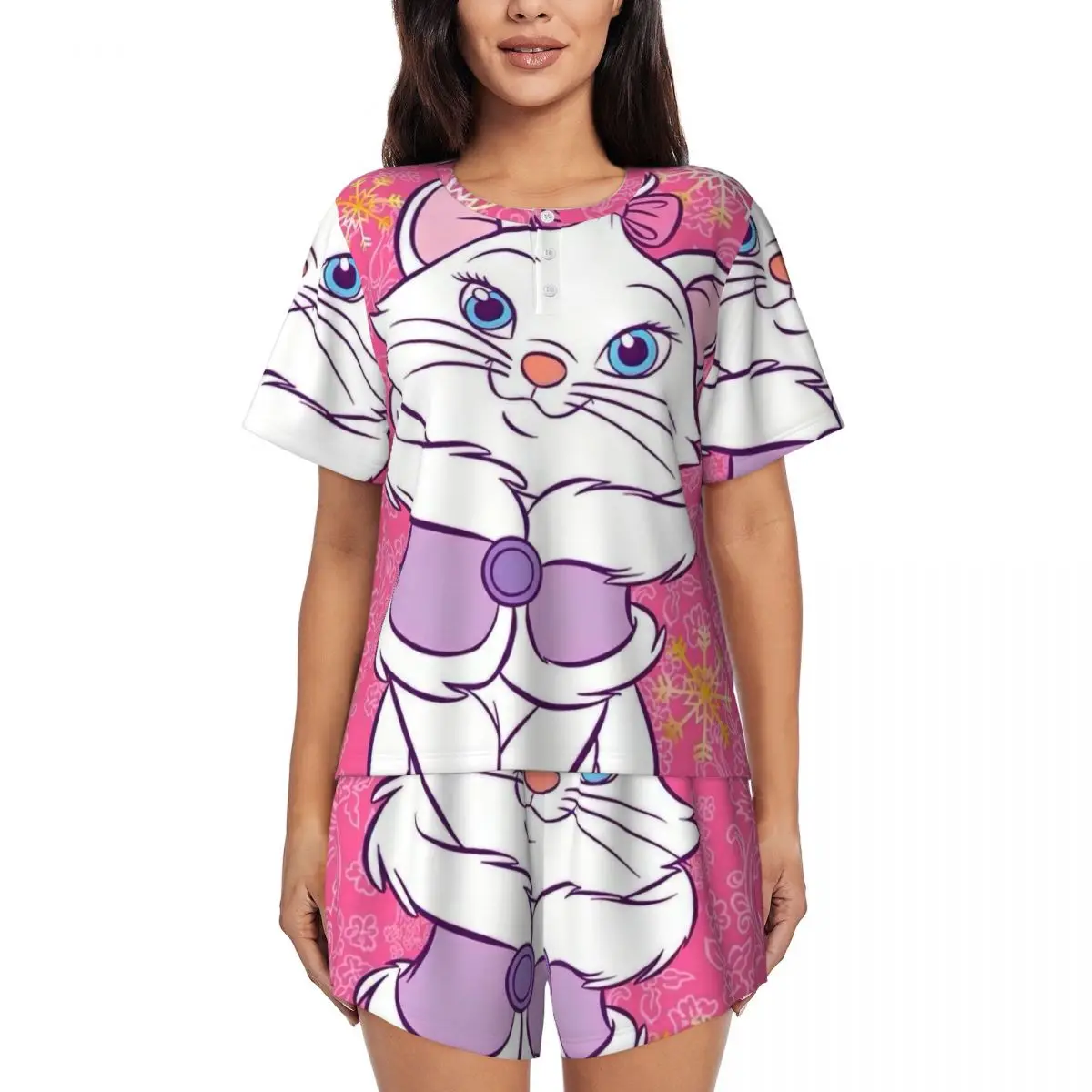 

Custom Cartoon Aristocats Animation Marie Cat Pajama Sets Women's 2 Piece Short Sleeve Pjs Shorts Sleepwear