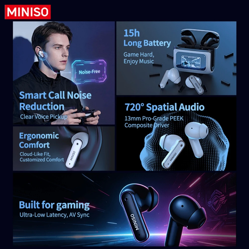 MINISO MS128 Bluetooth Earphones Low Latency Wireless Headphones Long Battery Smart Touch Control HD LED Display In-Ear Earbuds