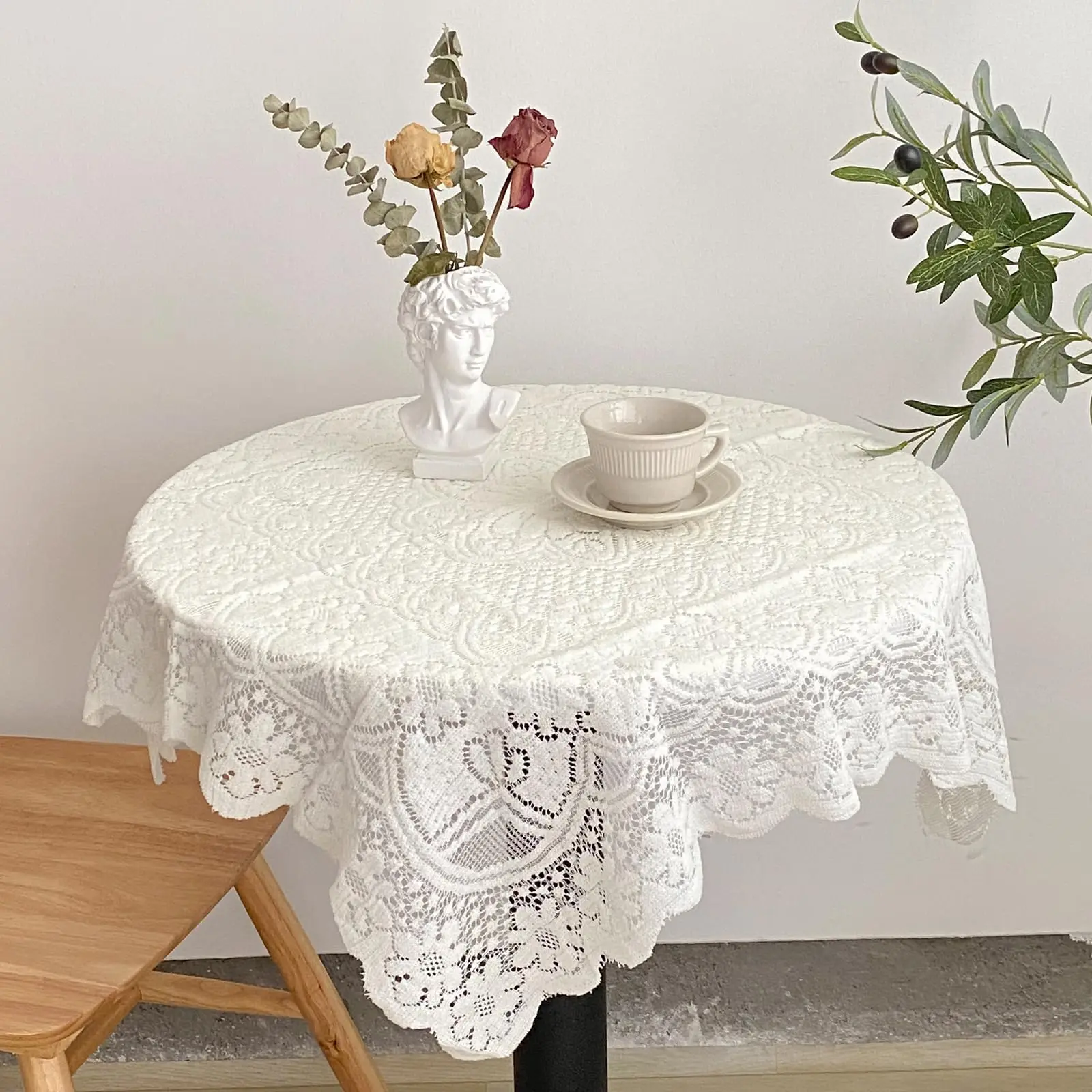Quadratische Spitze-Tischdecke, weiße Blume, Retro-europäischer bestickter Esstisch, Leinenbezug, Hochzeit, Party, Garten, Heimdekoration