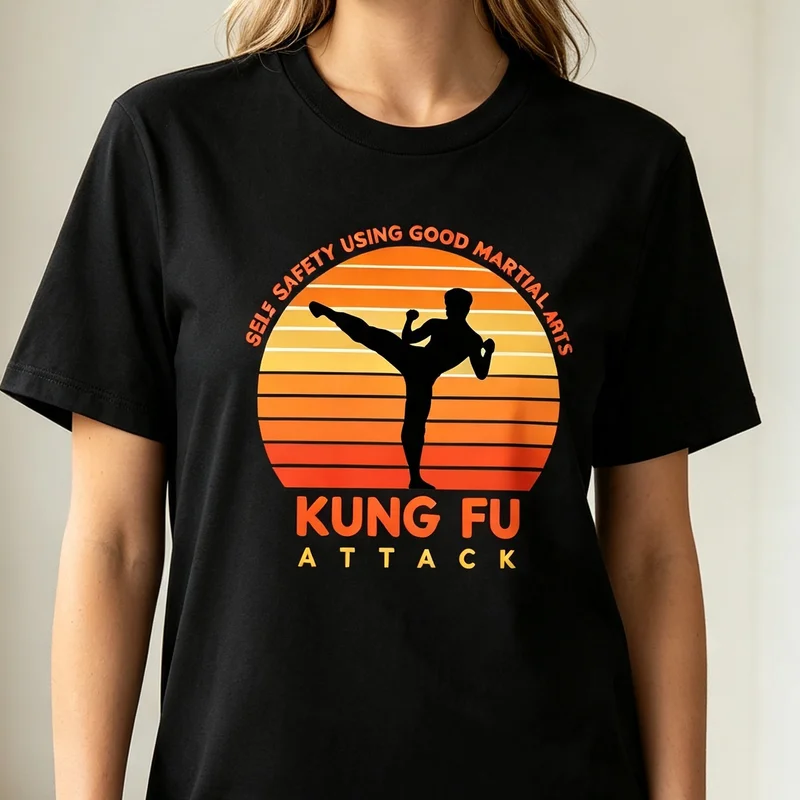 Kung Fu Martial Arts Retro Sunset Training Fighter Graphic T Shirt Tee Casual Streetwear for Men Women 100% Cotton Unisex Top