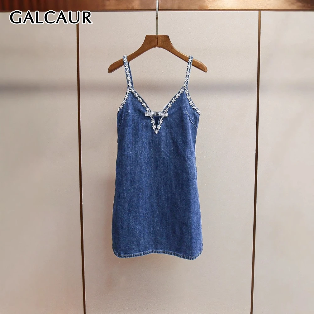 

GALCAUR Blue Spliced Diamond Female Dress V Neck Sleeveless High Waist Loose Basics Office Lady Women's Dresses Style Summer New