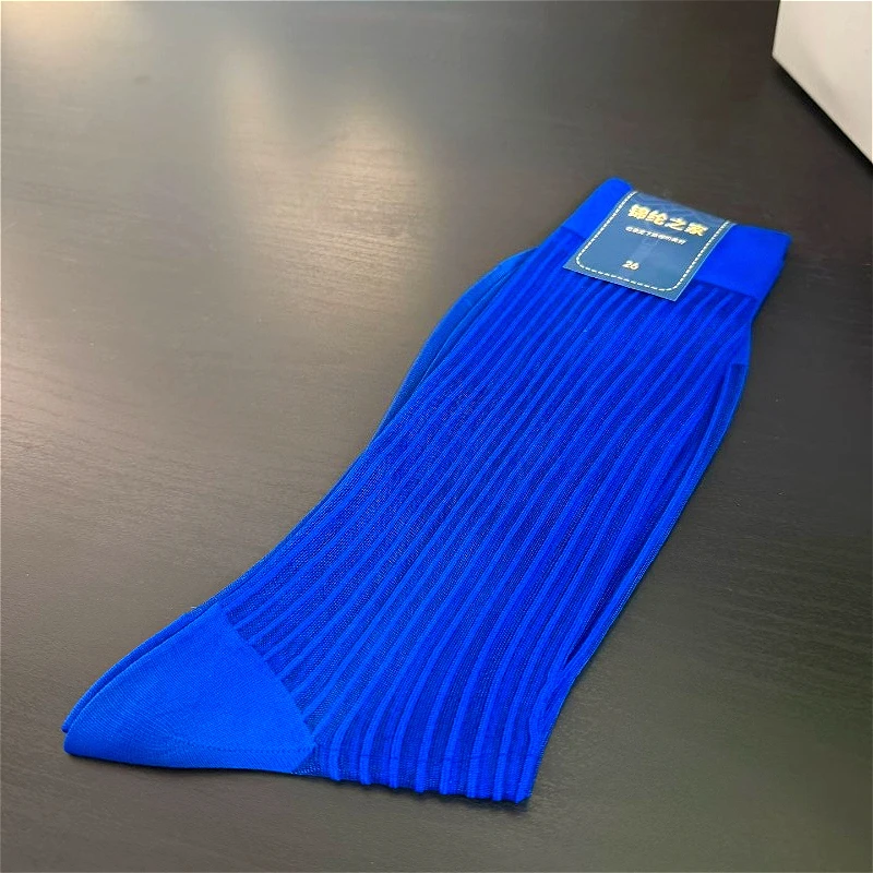 

Mans Sheer Ribbed Socks Sexy Royalblue Solid Color Ultra Thin Transparent Nylon Stockings Formal Dress Business Mid Tube Socks