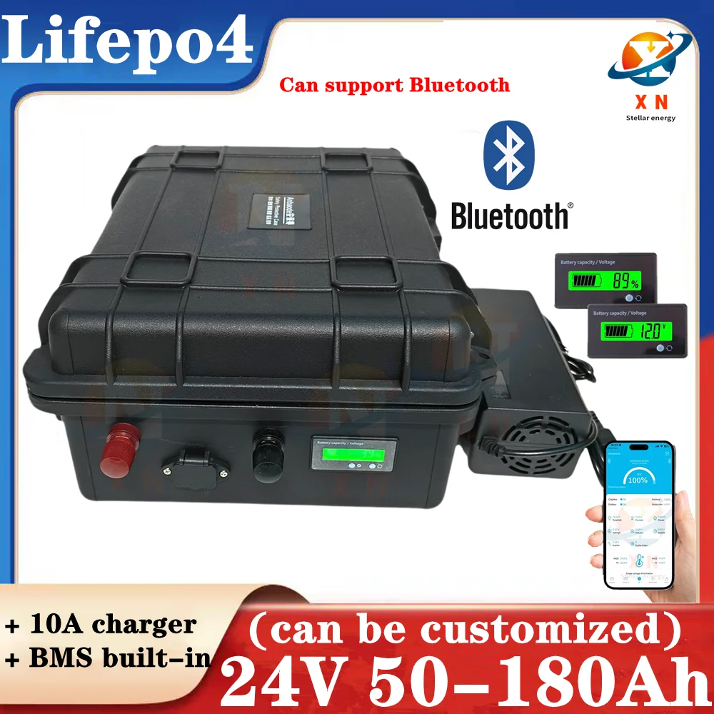 Waterproof 24V 50Ah 60Ah 80Ah 100Ah 130Ah 150Ah 180Ah Lifepo4 battery BMS 8S for trolling motor solar system Camper+10A Charger